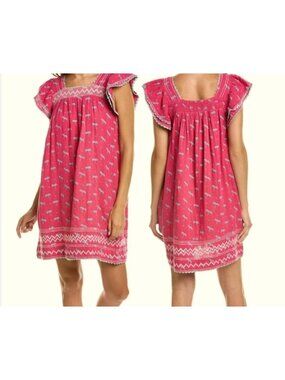 MER St Barth Palm Pink Mini Dress Sandrine Cotton Flutter Sleeve Pockets small